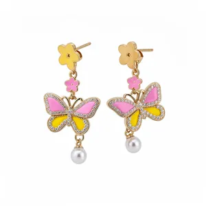 Sweet colorful enamel butterfly flower dangle earrings with pearls and sparkling rhinestones