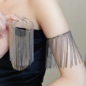 Detailed view of a vintage style metal chain fringe open bangle bracelet for women