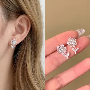 French Elegant Rose Flower Rhinestone Stud Earrings For Women Minimalist Silver Color Luxury Floral Jewelry Gift