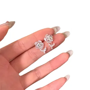 French style silver needle rose flower stud earrings with sparkling cubic zirconia