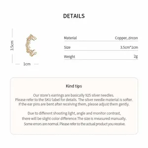 Vue détaillée du ear cuff serti de zircons avec dimensions et spécifications du produit.