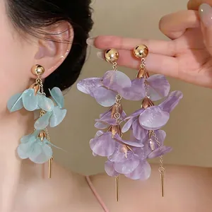French Romantic Long Petal Tassel Drop Earrings For Women Elegant Fabric Alloy Flower Earrings With 925 Sterling Silver Earring Post