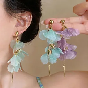 Elegant long petal tassel earrings in mint green and soft purple tones for women