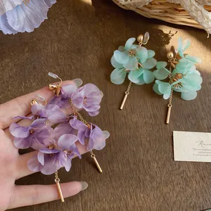 French style floral petal drop earrings in purple and mint green for summer outfits