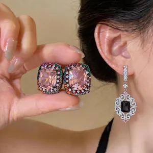 Pendientes de Botón de Circonia Cuadrada Estilo Palacio Vintage Poste de Plata de Ley 925 Joyería Geométrica para Mujer