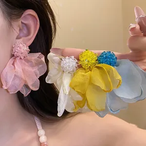 Handmade Chiffon Flower Tassel Stud Earrings For Women With Silver Earring Post Elegant Floral Bohemian Jewelry Accessories