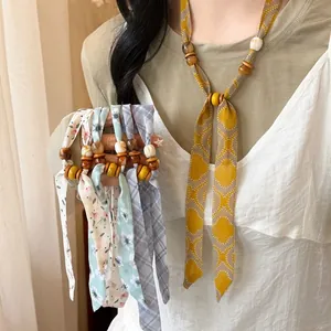 Bohemian Printed Chiffon Scarf Necklace With Wood And Acrylic Beads Handmade Floral Scarf Jewelry For Women Vacation Wear