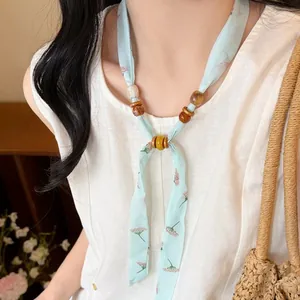 Boho spring summer floral chiffon necklace with wooden and acrylic beads for women