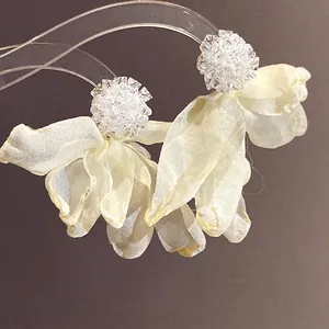 Elegant chiffon flower earrings with crystal studs and silver needles for women.