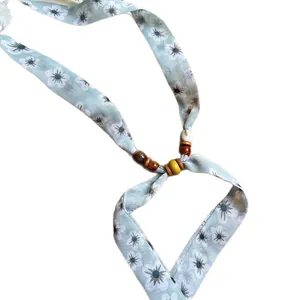 Floral chiffon scarf necklace with wooden beads and acrylic accents in light green