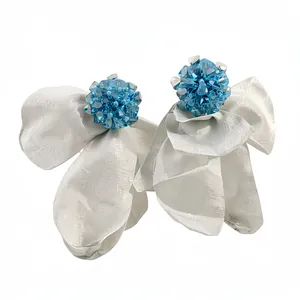 Exquisite handmade white chiffon flower stud earrings with sparkling blue crystal clusters