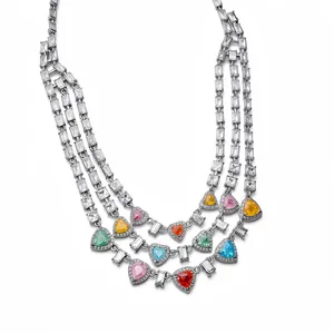 Collana argento a tre strati con zirconi colorati a cuore e baguette trasparenti