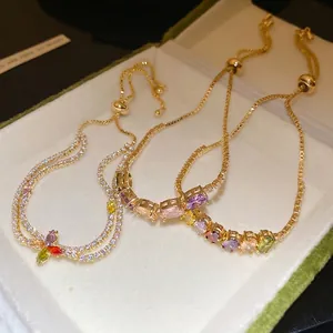 Bracelet à Fleurs en Zirconia Coloré en Cuivre Plaqué Or 14K pour Femme Style Ins Coréen Bijoux de Luxe Réglables