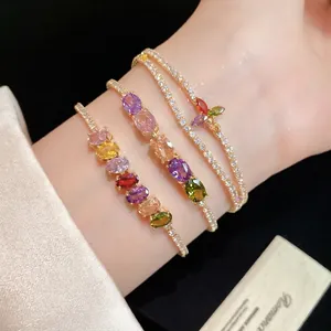 Bracelet luxueux plaqué or 14K avec zircons ovales colorés pour femmes