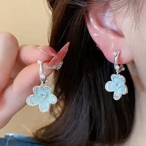 Elegant Blue Enamel Flower Stud Earrings With Silver Post Light Luxury Heart Rhinestone Artificial Pearl Floral Earrings For Women