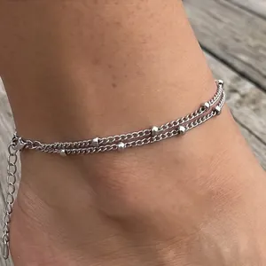 Zweilagiges Fußkettchen aus Edelstahl mit Perlen und verstellbarer Kette für Damen