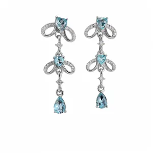 Exquisite silver drop earrings with blue heart and teardrop shaped cubic zirconia stones