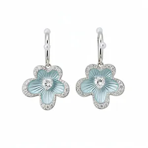 Light blue enamel flower stud earrings with heart zircon center and pearls on silver needles