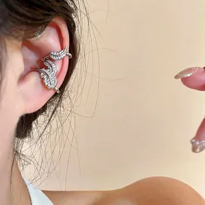 Korean style leaf ear cuff with sparkling zircons for non-pierced ears, silver tone