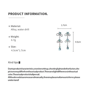 Detailed product specifications showing size 4.5x1.7cm for blue water drop earrings.