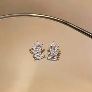Elegant leaf-shaped cubic zirconia ear cuffs for non-pierced ears with shiny silver finish