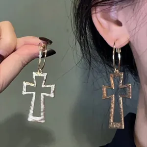 Vintage gold hollow cross drop earrings with S925 silver needle