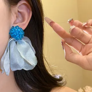 Elegant large blue chiffon flower tassel earrings with blue beaded center for women