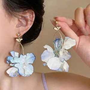 Elegant Korean style light blue and white fabric flower earrings with gold bird charm