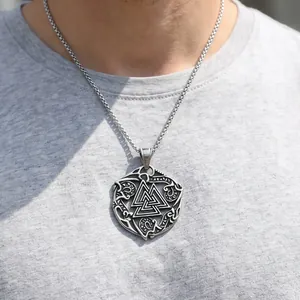 Detailed view of Viking Valknut rune totem stainless steel pendant necklace for men