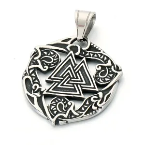 Vintage Nordic Viking Valknut symbol pendant in stainless steel with intricate Celtic knotwork