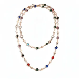 Colorful crystal geometric round plate necklace with gold chain in dopamine fashion style
