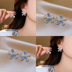 Blue Hollow Flower Stud Earrings With Silver Earring Post Rhinestone Artificial Pearl Glass Floral Jewelry For Women Vacation Decor