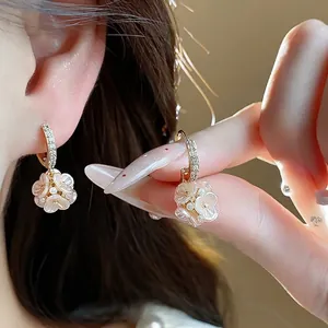 French Style Zirconia Floral Stud Earrings Gold Pink Artificial Pearl Rhinestone Drop Earrings With 925 Sterling Silver Post For Women