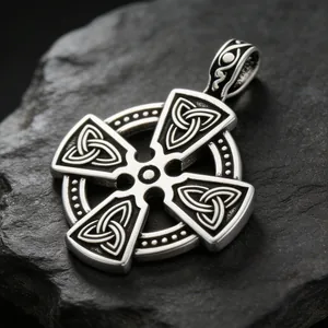 Detailed close-up view of a vintage stainless steel Celtic knot Viking cross pendant