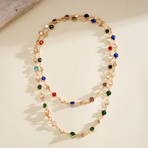 Detailed macro shot of a dopamine-style necklace with colorful crystals and gold discs