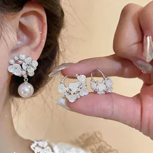 Luxury Alloy Floral Drop Earrings With 925 Sterling Silver Post Rhinestone Artificial Pearl Flower Jewelry For Women Elegant
