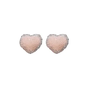 Elegant peach resin jelly heart stud earrings with a sparkling silver rhinestone border