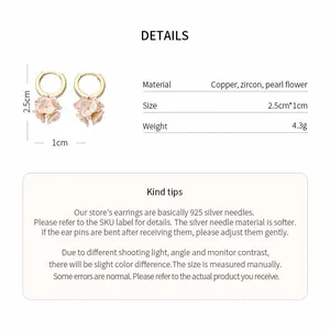 Detailed view of pink floral earrings with pearl accents and technical specifications