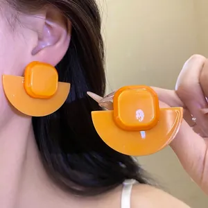 Vintage Orange Resin Geometric Stud Earrings with Silver Earring Post Square Fan Shape Fashion Niche Jewelry for Women