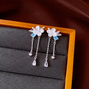 Drip Oil Flower Tassel Earrings Zirconia Copper Jewelry Silver Earring Post Women Elegant Niche Accessories