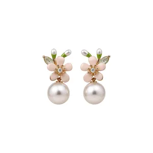 French vintage enamel flower earrings with large round pearl drops and gold finish