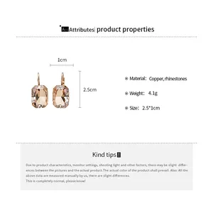 Specifiche del prodotto per orecchini quadrati in strass color champagne con dimensioni