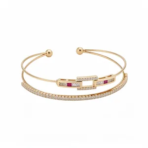 Elegant 18k gold plated open bangle featuring square zircon charms and red accents