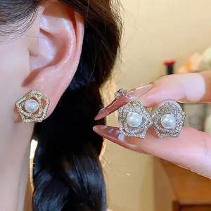 14K Gold Plated Flower Artificial Pearl Stud Earrings With 925 Sterling Silver Earring Post French Elegant Jewelry For Women