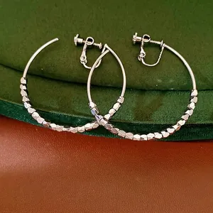 Elegant silver 14K gold plated faceted beaded hoop clip-on earrings for non-pierced ears