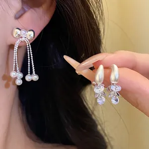 Women Fashion Bowknot Artificial Pearl Tassel Stud Earrings Alloy Rhinestone Silver Earring Post Light Luxury Jewelry