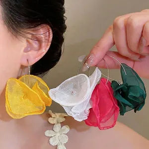 Elegante Große Chiffon Blume Ohrhaken Für Damen Stoff Floral Hängeohrringe Feenstil Hochzeit Party Schmuck