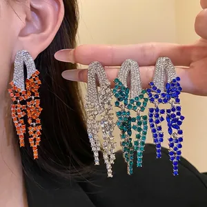 Geometric Tassel Stud Earrings European American Vintage Elegant Moissanite Inlaid Light Luxury Ear Jewelry Women