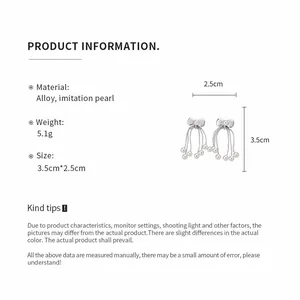 Product specification sheet showing dimensions and material of bow pearl tassel earrings.