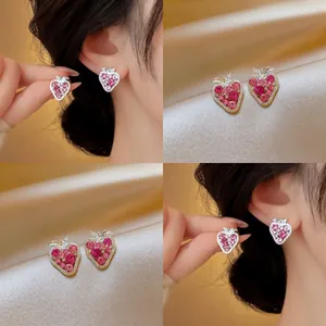 Sweet Korean Style Strawberry Stud Earrings with Silver Earring Post Pink Zirconia Inlaid Copper Metal Earrings for Women Fashion Jewelry